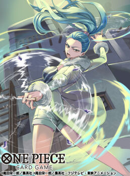 1girl blue_hair coat commentary_request copyright_name eyelashes floating_hair fur-trimmed_coat fur_trim holding holding_weapon kicori nefertari_vivi official_art one_piece one_piece_card_game open_mouth outdoors ponytail shorts solo weapon