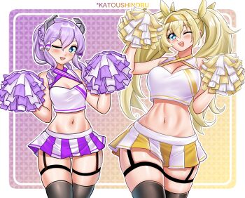 2girls absurdres alternate_costume bare_shoulders blonde_hair blue_eyes blush breasts cheerleader crop_top gambier_bay_(kancolle) hair_between_eyes hairband headgear high_side_ponytail highres holding holding_pom_poms kantai_collection katou_shinobu langley_(kancolle) large_breasts long_hair looking_at_viewer medium_hair midriff miniskirt multiple_girls navel one_eye_closed open_mouth pleated_skirt pom_pom_(cheerleading) pom_poms purple_hair shirt skirt sleeveless sleeveless_shirt smile solo twintails white_skirt
