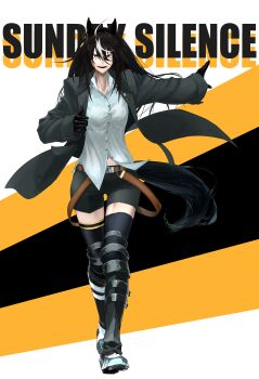 1girl absurdres animal_ears belt black_coat black_gloves black_hair black_shorts black_thighhighs boots brown_belt character_name coat collared_shirt commentary_request ear_ornament fujigaya_seizo full_body genderswap genderswap_(mtf) gloves hair_between_eyes highres horse_ears horse_girl lapel_pin long_hair multicolored_hair open_clothes open_coat original patchwork_skin personification red_eyes scar scar_on_face shirt shorts solo stitched_face stitches streaked_hair sun_ornament sunday_silence_(racehorse) thighhighs umamusume white_hair white_shirt