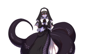 1girl absurdres artist_name black_dress black_gloves black_hair black_scales black_sclera black_skirt black_snake black_veil breasts capelet colored_sclera colored_skin commentary cross dress english_commentary engrish_commentary gloves hair_between_eyes highres lamia latin_cross long_sleeves medium_breasts monster_girl naihe nun open_mouth original purple_skin red_eyes sharp_teeth short_hair side_slit signature simple_background skirt smile solo teeth torn_clothes veil white_background