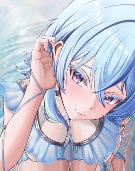 1girl absurdres armlet blue_dress blue_hair blue_nails blush breasts closed_mouth colored_eyelashes commentary commonalty dress fingernails from_above hand_up highres jewelry looking_at_viewer looking_up medium_breasts nail_polish paid_reward_available purple_eyes shorekeeper_(wuthering_waves) sitting sleeveless sleeveless_dress solo variant_set wuthering_waves