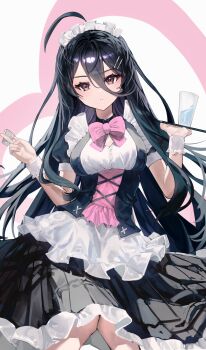 1girl absurdres ahoge apron black_corset black_dress black_eyes black_hair blister_pack bloom_muchi bow bowtie breasts corset cup dress drinking_glass feet_out_of_frame frilled_apron frills hair_between_eyes hair_ornament hairclip hand_up hands_up highres holding holding_tray kimishima_ayano long_dress long_hair long_hair_between_eyes looking_at_viewer maid maid_headdress medicine medium_breasts parted_lips pink_bow pink_bowtie pink_corset short_sleeves sitting solo tokidoki_bosotto_roshia-go_de_dereru_tonari_no_alya-san tray two-tone_corset unconventional_maid very_long_hair white_apron white_wrist_cuffs wrist_cuffs