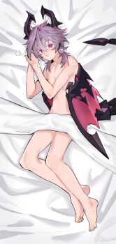 1boy absurdres bana_gameg commentary dakimakura_(medium) dragon_horns dragon_tail dragon_wings durin_(genshin_impact) english_commentary genshin_impact highres horns long_hair lying male_focus nude pink_hair red_eyes solo tail wings