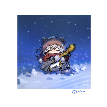 1girl artist_name black_jacket black_skirt blue_sky blush border brown_hat chibi chibi_only closed_eyes covered_mouth fur_gloves gloves grey_gloves grey_hair hair_between_eyes hat hat_with_ears highres honkai:_star_rail honkai_(series) jacket kemonomimi_mode lapels long_hair long_sleeves miniskirt night night_sky open_clothes open_jacket outdoors pom_pom_(clothes) raccoon_tail red_scarf rizu033 scarf shirt skirt sky snow solo stelle_(honkai:_star_rail) t-shirt tail trailblazer_(honkai:_star_rail) white_border white_shirt winter