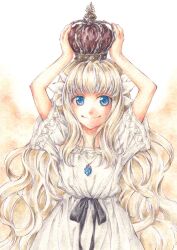 Rule 34 | 1girl, arms up, blonde hair, blue eyes, crown, dress, ender lilies quietus of the knights, highres, jewelry, lily (ender lilies), long hair, looking at viewer, nanai yuki, necklace, painting (medium), pendant, smile, solo, traditional media, upper body, very long hair, watercolor (medium), wavy hair, white dress