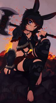 1girl animal_ears armor artist_name axe barefoot black_choker black_hair blue_eyes choker colored_tips commentary commission english_commentary english_text facial_mark feet final_fantasy final_fantasy_xiv fingerless_gloves fire fur_trim gloves grin heterochromia highres holding holding_axe looking_at_viewer medium_hair midriff multicolored_hair navel o-ring over_shoulder rabbit_ears red_eyes red_hair sharp_teeth sitting smile solo stirrup_legwear teeth toeless_legwear toes two-tone_hair viera vjkta_vesttur_(berserker_bun) warrior_of_light_(ff14) watermark weapon weapon_over_shoulder yoako