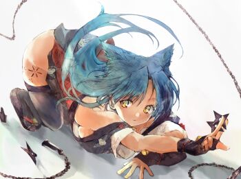 1girl :3 blue_hair chain fingerless_gloves floating_hair gloves highres japanese_clothes kimono long_hair looking_at_viewer ninja rance_(series) sandals sengoku_rance short_kimono shuriken smile solo suzume_(rance) thighhighs top-down_bottom-up tsutsugano weapon yellow_eyes zouri