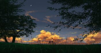 1girl backpack bag bare_legs bicycle bicycle_basket blue_sailor_collar blue_skirt blue_sky brown_hair cloud commentary_request crescent_moon cumulonimbus_cloud field from_side gensuke_(ryun) grass highres leaf long_sleeves moon nature neckerchief night night_sky orange_clouds original outdoors red_neckerchief sailor_collar scenery school_uniform serafuku shadow shirt short_hair skirt sky solo standing star_(sky) starry_sky sunset tree twilight white_shirt