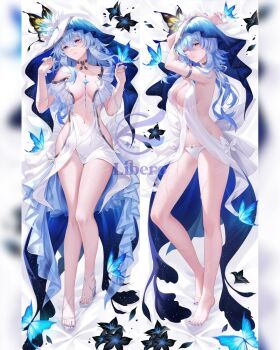 1girl armlet artist_name bare_legs bare_shoulders black_flower blake_bloom_(wuthering_waves) blue_butterfly blue_hair blue_veil breasts breasts_apart bug butterfly butterfly_on_hand colored_eyelashes commentary dakimakura_(medium) dress flower groin hair_between_eyes hands_up highres insect jewelry large_breasts legs libero_art long_hair multiple_views nail_polish navel no_panties panties purple_eyes purple_nails shorekeeper_(wuthering_waves) stomach symbol-only_commentary thighs toenail_polish toenails toes two-tone_veil underwear veil white_dress white_panties white_veil wuthering_waves