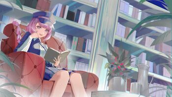 1girl absurdres book bookshelf braid braided_ponytail hat highres library ntdanny peaked_cap pink_eyes pink_hair semba_tsuruko skirt tribe_nine tsuruko_semba