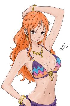 1girl arm_up bikini blush bracelet closed_mouth earrings half_updo hand_on_own_hip highres jewelry long_hair nami_(one_piece) navel one_piece orange_hair purple_sarong sarong simple_background smile solo swimsuit ten268 water_drop white_background