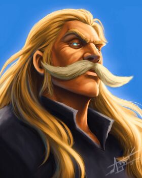 1boy anuvabnayak99 black_tunic blonde_hair blue_eyes blue_sky closed_mouth commentary day edward_newgate english_commentary facial_hair high_collar highres long_hair looking_at_viewer male_focus mustache one_piece outdoors realistic signature sky solo tunic