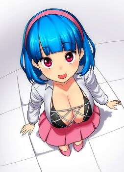 Rule 34 | 1girl, arms at sides, black bra, blue hair, blunt bangs, bra, breasts, cleavage, collarbone, collared shirt, commentary, earrings, english commentary, erkaz, floor, from above, hairband, highres, huge breasts, jewelry, long sleeves, looking at viewer, looking up, medium hair, open clothes, open mouth, open shirt, original, pink hairband, pink shoes, pink skirt, red eyes, rina atherina, shirt, shoes, skirt, smile, solo, underwear, white shirt