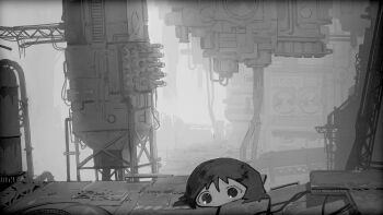 Rule 34 | 1girl, absurdres, architecture, atmospheric perspective, cable, commentary, dilapidated, english commentary, greyscale, haze, head only, highres, industrial, industrial pipe, looking at viewer, megastructure, mik (game), monochrome, no mouth, notfuji, painterly, scenery, short hair, solo, tareme, wide shot