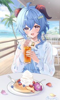 1girl :d absurdres ahoge amaneko_(amaneko_y) bead_necklace beads blue_dress blue_hair blue_sky blueberry cloud day dress flower food fruit ganyu_(genshin_impact) genshin_impact highres horns jewelry long_hair long_sleeves looking_at_viewer necklace open_mouth palm_tree pancake purple_flower sky smile solo tree upper_body whipped_cream