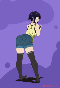 1girl ass back bent_over blue_hair boku_no_hero_academia breasts denim denim_shorts earlobes female_focus food from_behind fruit full_body gym_shirt highres holding jiro_kyoka legs_apart long_earlobes looking_at_viewer looking_back open_mouth peach phone plug self-upload shirt short_hair short_sleeves shorts simple_background sleeveless sleeveless_shirt solo standing tank_top theanimegirl thighhighs thighs untucked_shirt yellow_shirt