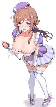 1girl alternate_costume blue_eyes blush breasts brown_hair collarbone commentary_request gakuen_idolmaster gloves hat high_heels highres himesaki_rinami holding holding_wand idolmaster kodoneri_(user_quk1118) large_breasts long_hair looking_at_viewer magical_girl purple_hat purple_shirt purple_shoes purple_skirt shirt shoes simple_background skirt smile solo sweatdrop thighhighs wand white_background white_gloves white_thighhighs zettai_ryouiki