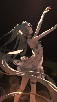 04c0 1girl absurdres armlet arms_up asymmetrical_legwear ballerina black_background bracelet closed_mouth dress gold_armlet gold_bracelet gramophone_miku green_eyes green_hair hatsune_miku highres jewelry long_hair looking_up miku_symphony_(vocaloid) official_alternate_costume official_alternate_hairstyle strapless strapless_dress thighhighs tutu twintails vocaloid white_dress white_thighhighs