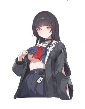 1girl absurdres arm_cutout black_choker black_hair black_jacket black_skirt blush breasts chisa_(wuthering_waves) choker closed_mouth clothes_lift clothing_cutout commentary cropped_legs highres jacket lifting_own_clothes long_hair long_sleeves looking_at_viewer medium_breasts mole mole_under_eye neckerchief no_bra red_eyes red_neckerchief sailor_collar shirt_lift shugo_15 simple_background skirt solo underboob white_background white_sailor_collar wuthering_waves