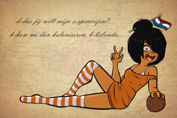 1girl :d ahegao bare_shoulders black_hair blush bra bra_peek bra_strap breasts brown_background cleavage coconut constricted_pupils cursive dark-skinned_female dark_skin dress drooling dutch_east_india_company dutch_flag dutch_text eyelashes flag_hair_ornament food from_side fruit full_body green_eyes hair_bun hair_over_one_eye hair_up hand_up highres holding holding_food holding_fruit indonesia indonesian_text knee_up leaning_back looking_at_viewer loose_hair_strand lounging maya_schoppenboer medium_breasts mixed-language_text multicolored_thighhighs multilingual_text naughty_face no_shoes off-shoulder_dress off_shoulder official_art on_ground ongezellig open_mouth orange_dress orange_thighhighs pinup_(style) promotional_art saliva sepia short_dress single_hair_bun sleeveless sleeveless_dress smile solo strap_slip striped_clothes striped_thighhighs studio_massa thighhighs third-party_source tongue tongue_out translated two-tone_thighhighs underwear w white_bra white_thighhighs
