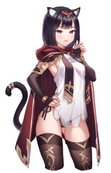 1girl animal_ear_fluff animal_ears black_hair black_panties black_sleeves black_thighhighs breasts bridal_gauntlets cape cat_ears cat_girl cat_tail closed_mouth cropped_legs detached_sleeves game_cg hair_intakes hand_on_own_hip highres hood hood_down hooded long_sleeves looking_at_viewer medium_breasts panties print_thighhighs red_cape red_eyes shirt short_hair side-tie_panties sideboob sleeveless sleeveless_shirt slit_pupils solo standing tachi-e tail thighhighs transparent_background underwear white_shirt wish_(momentum_games)
