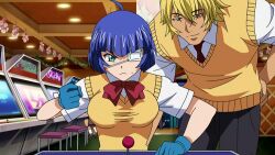 00s animated anime_screenshot arcade_stick blue_hair bouncing_breasts breasts controller eyepatch game_controller green_eyes highres ikkitousen ikkitousen_great_guardians indoors interior joystick large_breasts ryomou_shimei saji_genpou tagme video