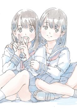 Rule 34 | 2girls, ankle socks, blue sailor collar, blue skirt, blunt bangs, blush, brown eyes, brown hair, closed mouth, collarbone, dot nose, double v, feet out of frame, grey shoes, grey socks, head tilt, highres, indian style, multiple girls, open mouth, original, panties, pantyshot, parted bangs, pleated skirt, poranka (porankaran), sailor collar, school uniform, serafuku, shirt, shoes, short hair, simple background, sitting, skirt, smile, socks, underwear, v, white background, white panties, white shirt, white socks