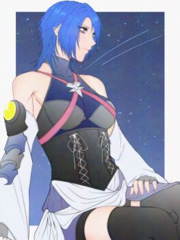 1girl aqua_(kingdom_hearts) bare_shoulders black_thighhighs blue_eyes blue_hair border breasts chest_strap closed_mouth detached_sleeves fingerless_gloves gloves highres kingdom_hearts kingdom_hearts_birth_by_sleep lux_spei medium_breasts medium_hair sash shooting_star sitting sleeveless sleeveless_turtleneck solo thighhighs turtleneck waist_sash white_border