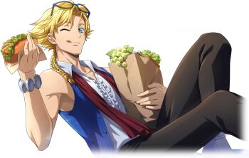 1boy artist_request bag bare_shoulders bead_bracelet beads black_pants blonde_hair blue-framed_eyewear blue_eyes blue_vest bracelet buttons center_frills closed_mouth code_geass code_geass:_lost_stories collarbone collared_shirt dutch_angle eyewear_on_head food food_on_face frilled_shirt frills fruit game_cg gino_weinberg grapes hair_intakes hand_up happy highres holding holding_bag holding_food hot_dog jewelry lettuce licking_lips looking_at_viewer male_focus non-web_source official_art one_eye_closed open_clothes open_vest orange-tinted_eyewear pants paper_bag red_scarf scarf shirt shirt_tucked_in shoes shopping_bag short_hair sidelocks simple_background sitting smile solo spiked_hair tinted_eyewear tongue tongue_out transparent_background vest white_shirt white_shoes wink