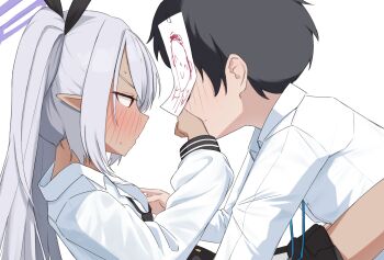 1boy 1girl black_hair blue_archive blush commentary_request covering_another's_mouth dark-skinned_female dark_skin doodle_sensei_(blue_archive) from_side grey_hair halo hetero highres iori_(blue_archive) long_hair long_sleeves mintchoco_(minchothudong) paper_on_head pointy_ears purple_halo sensei_(blue_archive) shirt simple_background twintails white_background white_shirt