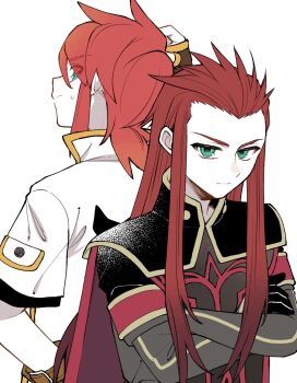 2boys asch_(tales) back-to-back black_gloves black_tabard brown_gloves closed_mouth commentary_request crossed_arms fingerless_gloves gloves green_eyes grey_sleeves hair_slicked_back highres igarashi_(morimorienoki) jacket long_hair luke_fon_fabre male_focus multiple_boys popped_collar red_hair short_hair short_sleeves shoulder_pads sidelocks sweatdrop tabard tales_of_(series) tales_of_the_abyss upper_body white_background white_jacket