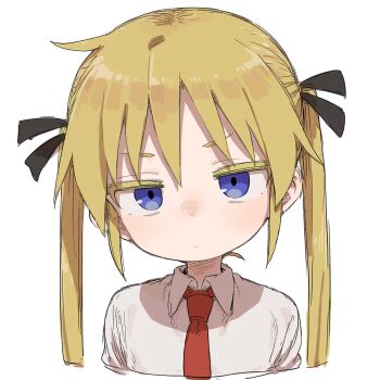 1girl ai-generated blonde_hair blue_eyes collared_shirt colored_eyelashes cropped_torso highres kill_me_baby long_hair looking_at_viewer necktie shirt solo sonya_(kill_me_baby) twintails uqgs