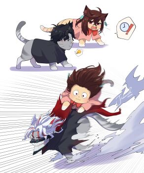 ! 1boy 1girl :3 absurdres alternate_form analog_clock animal animal_ear_fluff animalization ayase_momo black_hair black_jacket bow bowtie brown_hair carrying cat clock closed_mouth commentary_request dandadan dust_cloud earrings facial_mark fang floating_earrings full_body glasses grey_fur hair_between_eyes highres j_humbo jacket jewelry light_bulb looking_at_another mask motion_blur motion_lines mouth_mask open_mouth piggyback pink_sweater red_bow red_bowtie red_eyes round_eyewear running sequential speech_bubble speed_lines spoken_exclamation_mark spoken_light_bulb sweater takakura_ken_(dandadan) takakura_ken_(transformed)_(dandadan) torn_clothes transformation whiskers white_hair