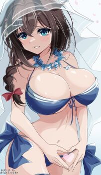 1girl absurdres adapted_costume bikini black_hair blue_bikini blue_eyes braid breasts bridal_veil cleavage cowboy_shot flower flower_necklace front-tie_bikini_top front-tie_top hair_between_eyes hair_flaps hair_over_shoulder heart heart_hands highres jewelry kantai_collection large_breasts lei long_hair looking_at_viewer necklace official_alternate_costume parted_lips shigure_(kancolle) shigure_kai_san_(kancolle) shigure_kai_san_(swimsuit)_(kancolle) side-tie_bikini_bottom single_braid smile solo swimsuit toms veil