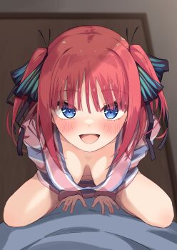 1girl :d black_ribbon blue_eyes blunt_bangs blush breasts breasts_apart butterfly_hair_ornament cleavage collarbone commentary downblouse extended_downblouse eyebrows_hidden_by_hair eyelashes from_below girl_on_top go-toubun_no_hanayome good_morning_my_brother_(meme) grey_pajamas hair_ornament hair_ribbon hanging_breasts highres indoors leaning_forward looking_at_viewer medium_breasts medium_hair meme nakano_nino no_bra open_mouth pajamas pink_pajamas pov profnote red_hair ribbon scene_reference sidelocks simple_background sitting smile solo_focus straddling tokidoki_bosotto_roshia-go_de_dereru_tonari_no_alya-san two-tone_pajamas two_side_up