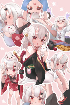 aged_down bell breasts child fang female_focus hair_bell hair_ornament highres hololive horns japanese_clothes jingle_bell katana lifting_person medium_hair mujinbensin nakiri_ayame nakiri_ayame_(1st_costume) oni open_mouth poyoyo_(nakiri_ayame) red_eyes shirt simple_background skin-covered_horns small_breasts smile sword t-shirt virtual_youtuber weapon white_hair white_legwear