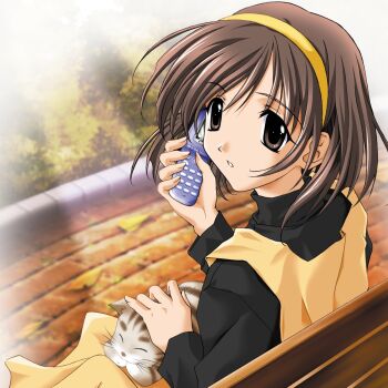 animal animal_on_lap bench brown_hair cat cat_on_lap cellphone dress flip_phone hairband highres holding holding_phone imasaka_yue looking_to_the_side memories_off memories_off_1 non-web_source official_art on_lap park_bench phone short_hair sleeveless sleeveless_dress sunlight turtleneck yellow_dress yellow_hairband