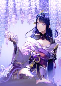 1girl armor asymmetrical_sleeves black_thighhighs blunt_bangs blurry breasts bridal_gauntlets cleavage clothing_cutout commentary dappled_sunlight depth_of_field electro_symbol_(genshin_impact) english_commentary flower genshin_impact hair_ornament highres holding japanese_clothes kimono large_breasts leaning_to_the_side lingerie long_hair meiko_(puua) mitsudomoe_(shape) neck_ribbon no_mole outdoors parted_lips pink_lips purple_background purple_eyes purple_hair purple_kimono raiden_shogun red_ribbon red_sash ribbon sash shade shoulder_armor shoulder_cutout sitting solo sunlight thighhighs thighs tomoe_(symbol) underwear uneven_sleeves wide_sleeves wisteria