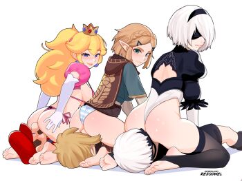2b_(nier:automata) 3boys 3girls 9s_(nier:automata) ass blonde_hair blue_eyes breasts crossover face_in_ass feet female_pervert girl_on_top hairband hetero highleg highleg_leotard jewelry leotard link long_hair mario mario_(series) multiple_boys multiple_girls nier:automata nier_(series) nintendo no_shoes pervert pointy_ears ponytail princess_peach princess_zelda reverse_cowgirl_position rezodwel sexually_suggestive short_hair simple_background sitting sitting_on_face sitting_on_person soles square_enix stirrup_legwear straddling super_mario_bros._1 the_legend_of_zelda the_legend_of_zelda:_tears_of_the_kingdom toeless_legwear toes white_background white_hair