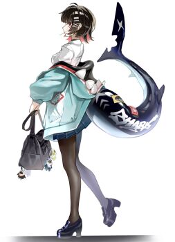 1girl bag black_hair breasts candy colored_inner_hair ellen_joe fins fish_tail food hashtag-only_commentary highres jacket lollipop mole mole_under_eye multicolored_hair mw_01m pantyhose red_eyes red_hair scar scar_on_tail shark_girl shark_tail shirt short_hair shoulder_bag skirt tail white_shirt zenless_zone_zero