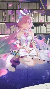 Rule 34 | 1girl, aqua hair, book, bookshelf, breasts, cyrene (demiurge) (honkai: star rail), cyrene (honkai: star rail), dress, earrings, flower, hair flower, hair ornament, hashtag-only commentary, highres, honkai: star rail, honkai (series), indoors, jewelry, large breasts, long hair, multicolored hair, pink hair, pointy ears, seiza, sitting, smile, solo, stelle (honkai: star rail), tile floor, tiles, trailblazer (honkai: star rail), usammmer, very long hair, white dress, white hair