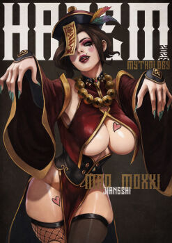 1girl absurdres alternate_costume aqua_nails armpits black_thighhighs borderlands_(series) breast_tattoo breasts brown_hair chinese_clothes cleavage clothing_cutout commentary dress english_commentary fangs fingernails fishnet_thighhighs fishnets green_eyes hat heart heart_tattoo high-waist_dress highres jiangshi jiangshi_costume large_breasts lipstick long_fingernails long_hair mad_moxxi makeup mascara mole mole_under_nose monori_rogue nail_polish ofuda open_mouth outstretched_arms pelvic_curtain qingdai_guanmao red_dress red_lips runny_makeup solo tattoo teeth thighhighs thighs tongue upper_teeth_only zombie_pose