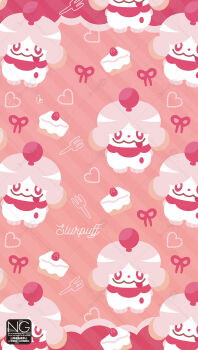 bow cake closed_mouth food fork fruit gen_6_pokemon heart highres looking_at_viewer meme_(sleepsheep) nintendo no_humans pink_bow pink_eyes pokemon pokemon_(creature) pokemon_focus red_eyes slurpuff smile strawberry tongue tongue_out