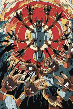 Rule 34 | artist name, barbaracle, barnacle, binacle, black claws, black skin, claws, colored skin, commentary request, crack, dot pupils, evolutionary line, extra arms, extra eyes, gen 6 pokemon, highres, horns, mega barbaracle, mega pokemon, multiple heads, nintendo, no humans, one-eyed, onigiri debu, orange eyes, orange skin, pokemon, pokemon (creature), pokemon focus, rock, slit pupils, striped skin, twitter username, v-shaped eyes