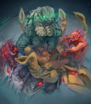 amputee artist_name aryachebna_6494 bandaged_arm bandages bandaid bandaid_on_face bandaid_on_nose chibi engi_(animation_studio) extra_eyes fish gamera gamera_(series) gamera_-rebirth- giant giant_monster glowing glowing_eyes gouged_eye green_eyes guiron gyaos highres horns injury jiger kadokawa kaiju lizard looking_at_viewer manta_ray monster no_humans octopus one-eyed open_mouth partially_submerged red_eyes ripples sea_monster shark sharp_teeth shuriken signature single_horn skate_(fish) slit_pupils squid standing_on_water stingray submerged suction_cups swimming sword tail talons teeth tentacles tongue tongue_out turtle tusks underwear viras walking_on_water water weapon wings zigra