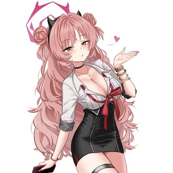 1girl absurdres black_choker black_horns blowing_kiss blue_archive bow bowtie breasts choker cleavage double_bun fake_horns fake_nails fingernails fluffy_hair gyaru hair_bun hairband halo highres horn_hairband horns kirara_(blue_archive) long_fingernails long_hair looking_at_viewer loose_bowtie loose_neck_ribbon neck_ribbon nyatako pink_halo red_nails ribbon solo thigh_strap white_background wrist_bobbles