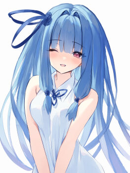 1girl ;d absurdres bare_arms bare_shoulders blue_hair breasts breasts_squeezed_together collared_dress diieru dress hair_intakes highres kotonoha_aoi long_hair looking_at_viewer medium_breasts one_eye_closed open_mouth red_eyes simple_background sleeveless sleeveless_dress smile solo upper_body v_arms very_long_hair voiceroid white_background white_dress