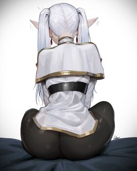 Rule 34 | 1girl, absurdres, aelion draws, ass, black pantyhose, earrings, elf, facing away, frieren, from behind, highres, jewelry, long hair, pantyhose, pointy ears, shirt, simple background, solo, sousou no frieren, twintails, very long hair, white background, white shirt