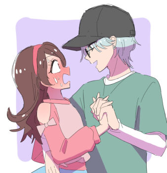 1boy 1girl ballroom_dancing bare_shoulders baseball_cap black_hat blush brown_hair couple dancing dating earrings flirting glasses green_hair green_shirt hand_on_another's_waist hat headband hibiki_kaito holding_hands hoop_earrings jewelry kimi_to_idol_precure long_hair long_sleeves mario_(198609044) mature_male necklace nervous nervous_sweating open_mouth parted_bangs pink_headband pink_ribbon pink_shirt precure profile purple_background ribbon sakura_uta_(precure) shirt short_hair sideways_hat smile surprised sweat sweatdrop upper_body