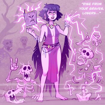 \n/ annoyed barefoot black_nails bone book breasts cleavage commentary corpse dress english_commentary face_piercing fantasy floating floating_book floating_object gradient_clothes graveyard highres kris_(weapon) magic mostlyghostly necromancer necronomicon nose_piercing nose_ring original piercing pile_of_corpses purple_dress purple_hair purple_lightning short_hair skeletal_arm skeletal_hand skeleton skull skull_ornament speech_bubble undead wizard